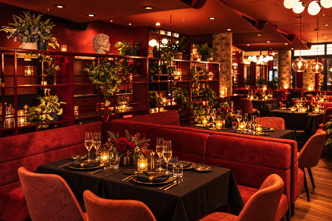 Festlich gedeckte Tische im Restaurant mit Kerzenlicht und roten Blumen